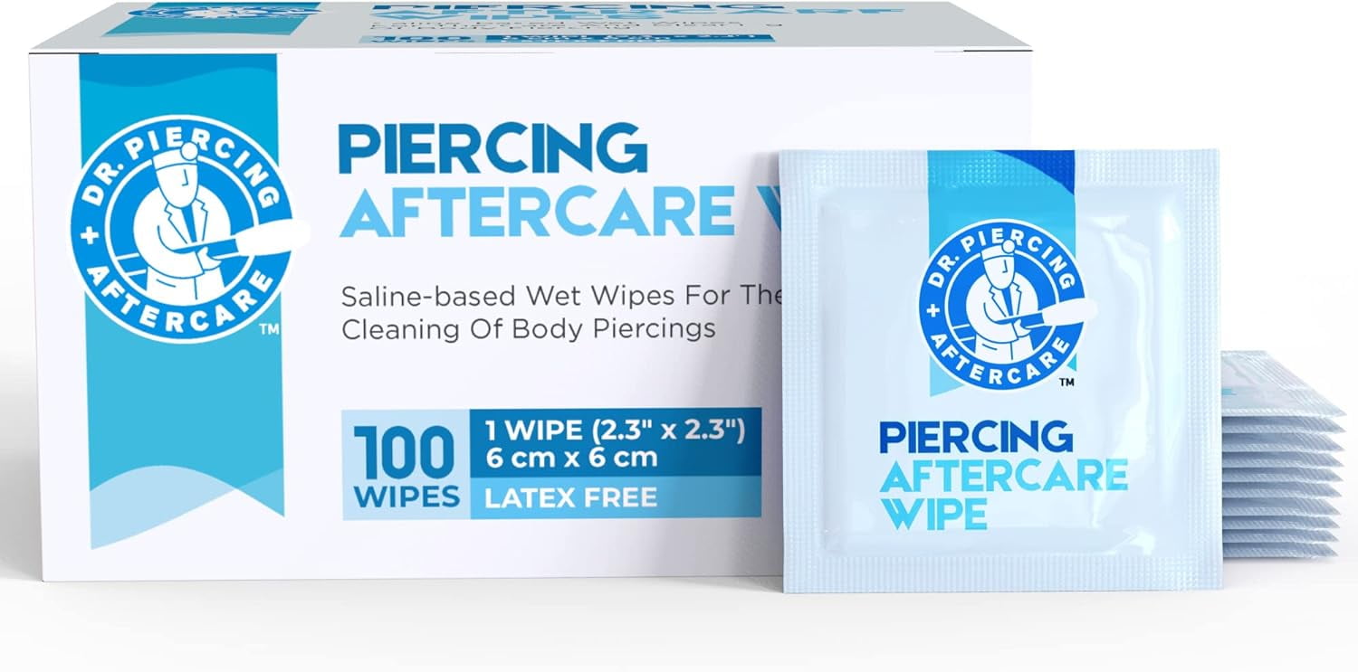 Dr. Piercing Aftercare Wipes - Gentle Wound Wash Saline Solution for Piercings - Keloid Bump Removal Ear Piercing Cleaner - Earring Lip Belly Nose Piercing Bump Treatment - Ear Cleaner (100 Count)