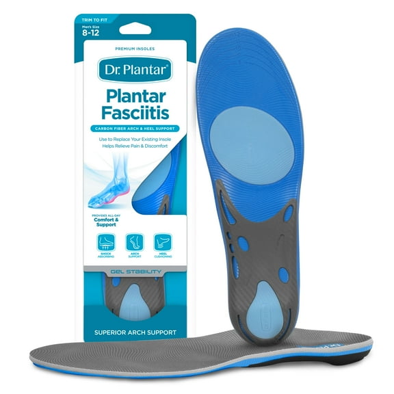Dr. Plantar Insoles for Men, Arch Support, Memory Foam, Gel Stabilizers, Sizes 8-12, Trim to Fit, Relieve Pain from Plantar Fasciitis