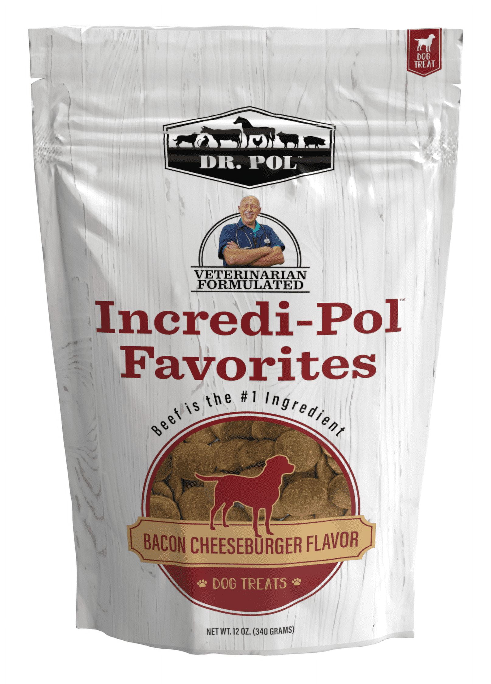 Dr. Pol Incredi-Pol Favorites Bacon Cheeseburger Flavor Crunchy Dog Treats, 12 oz. Bag.