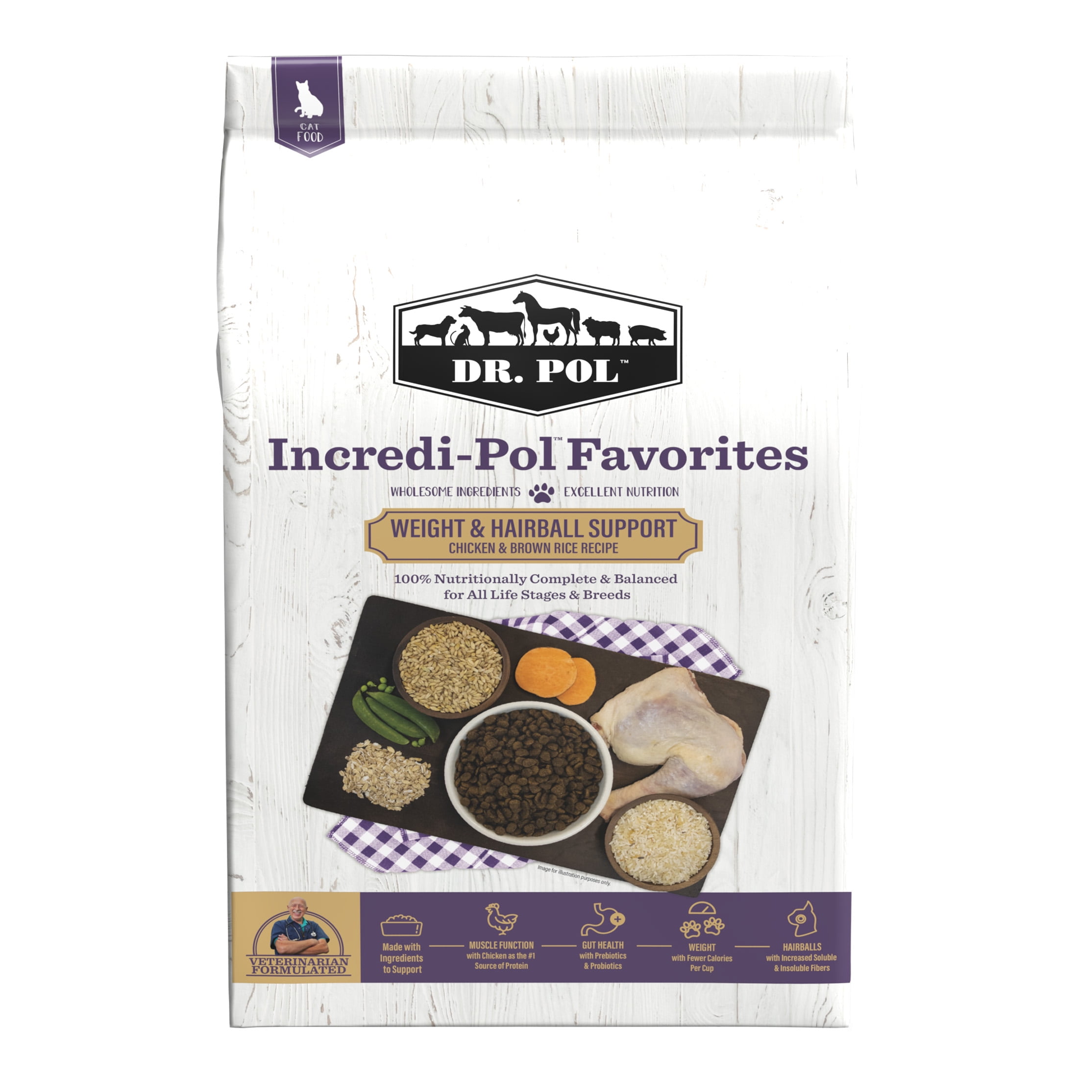 Dr. Pol Incredi-Pol Favorites Weight & Hairball Support Chicken and Brown Rice Recipe Kibble Cat Food, 8 lb.