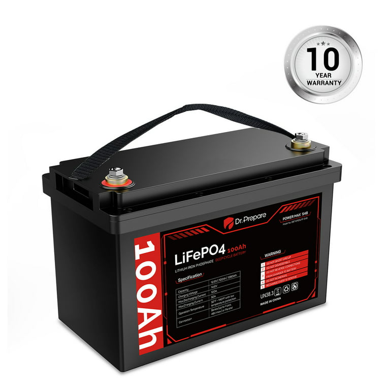 Dr. Prepare 100Ah LiFePO4 Lithium Deep Cycle Battery, Connect In Series,  Built-In BMS, 3000+ Cycles,Off-Grid Home Energy Storage, Backup Power for  Marine, RV, Van, Boat, Camper 
