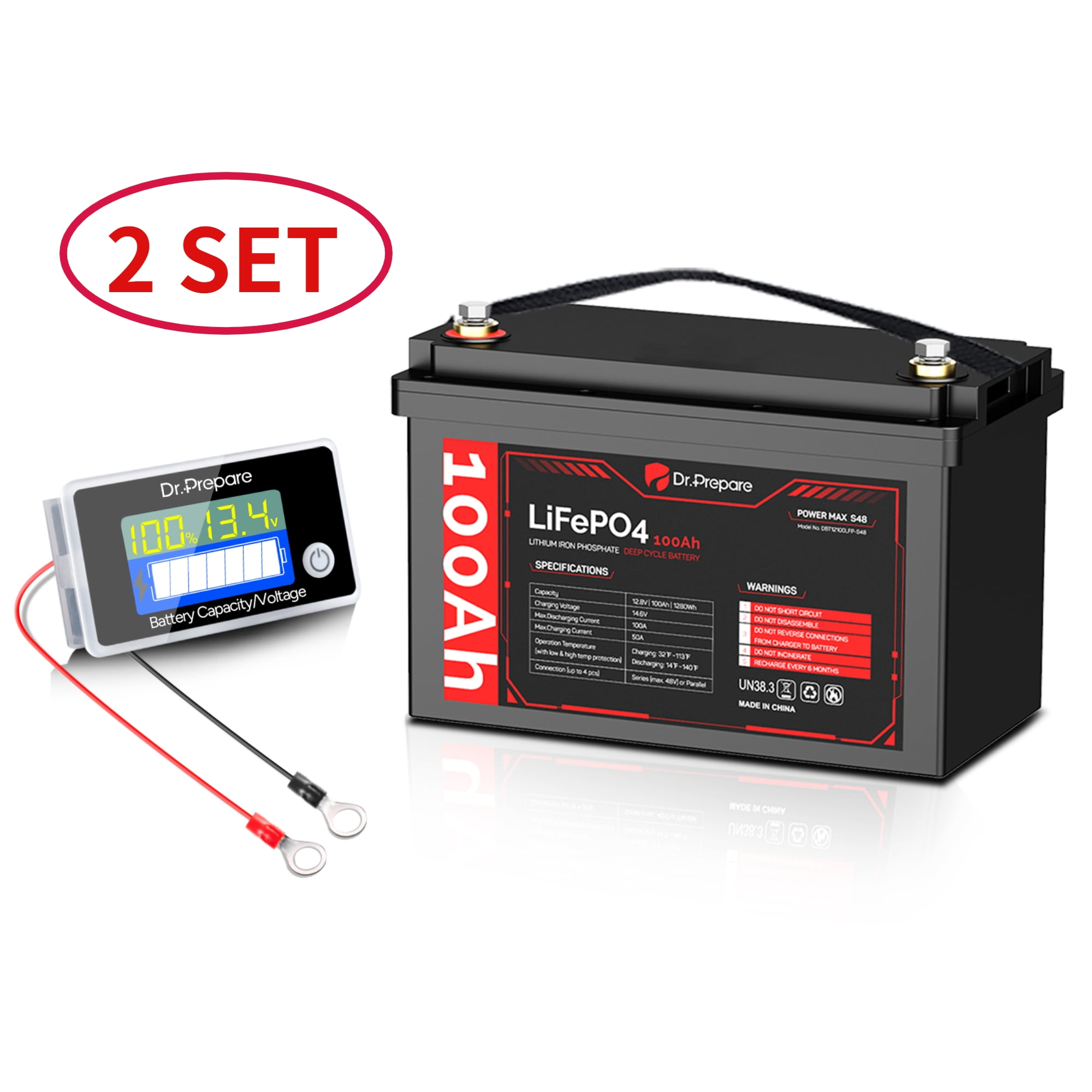 Dr. Prepare 100Ah LiFePO4 Lithium Deep Cycle Battery w/ Battery Capacity  Voltage Monitor for RV/Boat/Off-grid,3pcs