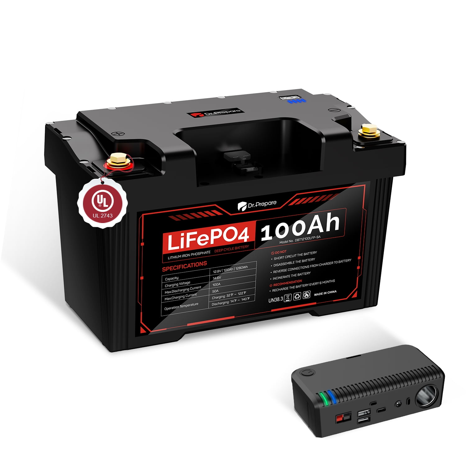 Dr. Prepare 12V 100Ah LiFePO4 Battery with Hub, 1280Wh Portable