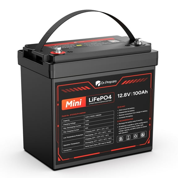 DR.PREPARE 12V 100Ah LiFePO4 Battery, 1280Wh Mini Deep Cycle Lithium Phosphate Battery