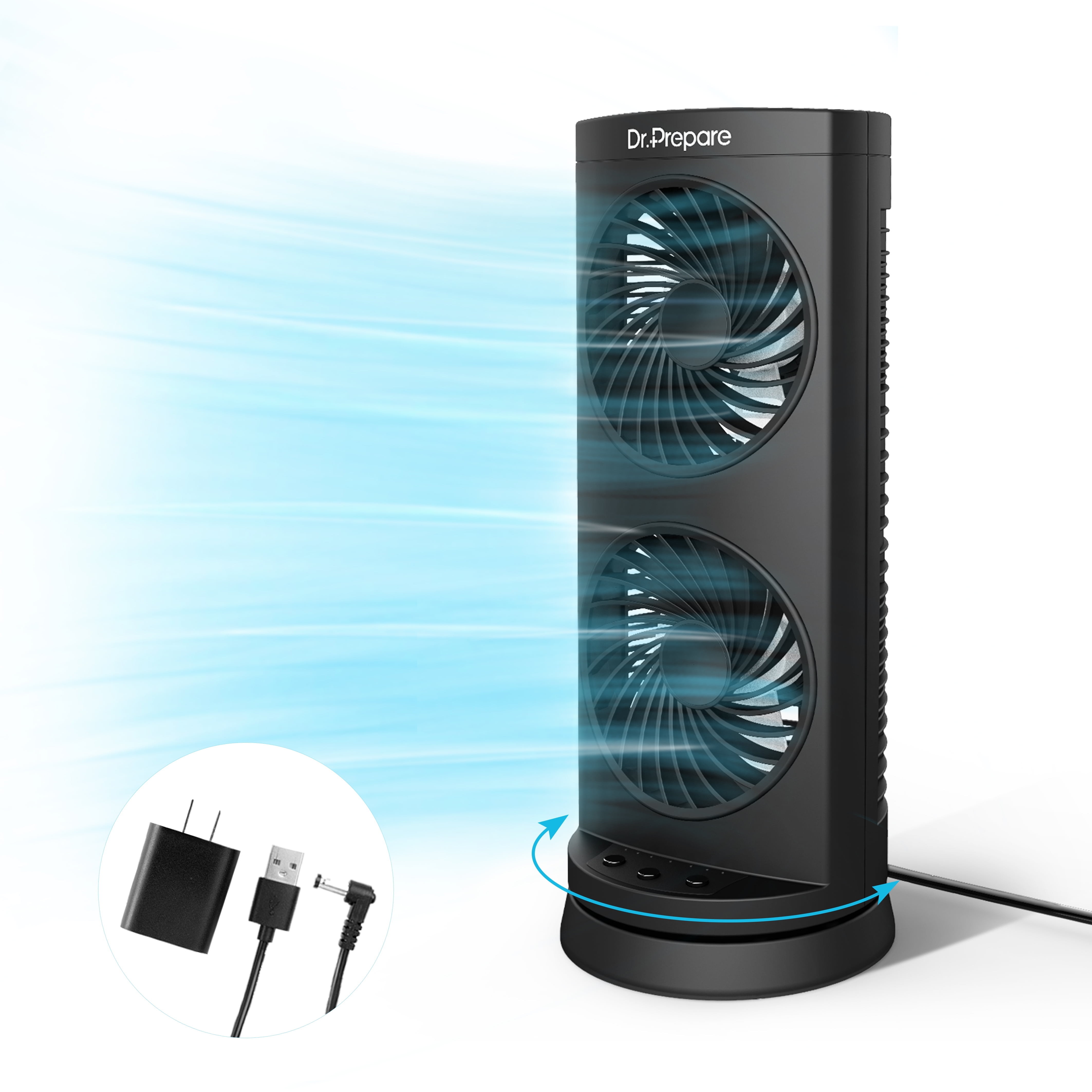 Black Dual Fan Oscillating Tower Fan with 3-Speed Settings
