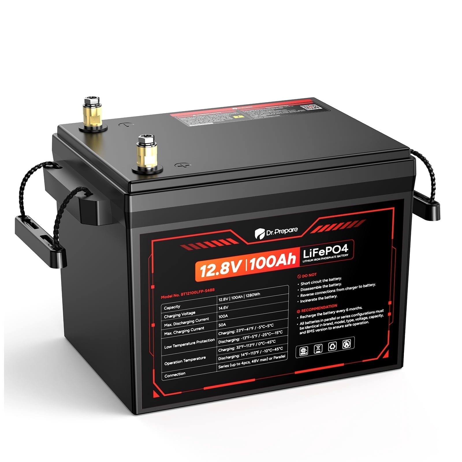 Dr.Prepare 12V 100Ah LiFePO4 Battery, Deep Cycle Lithium Iron Phosphate Battery with 100A BMS for RV, Boats, Camping, Marine