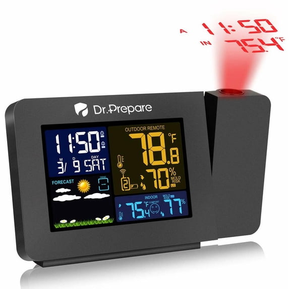 Dr. Prepare Projection Alarm Clock for Bedrooms with Indoor Outdoor Temperature Display
