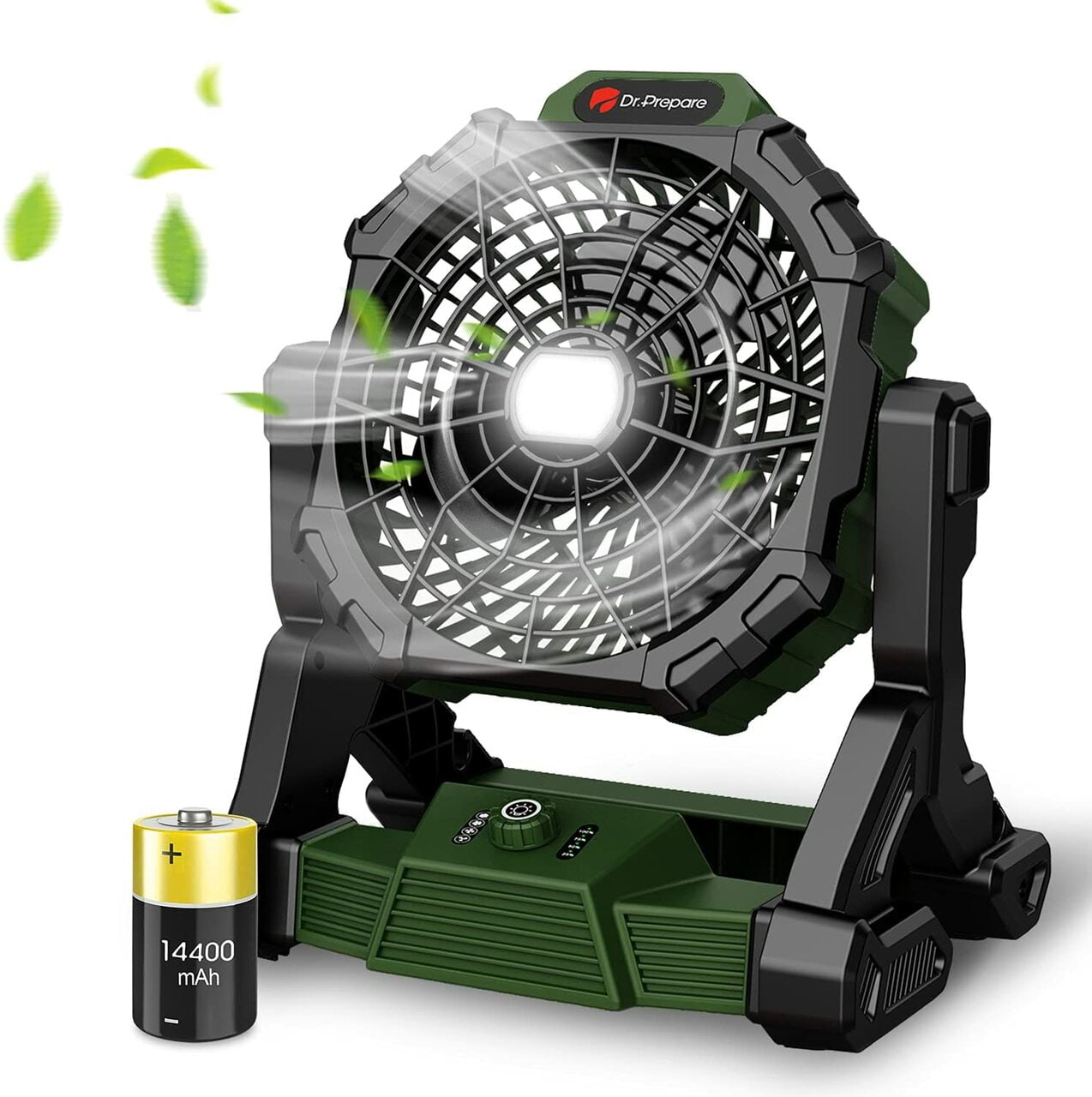 Rechargeable Camping Fan w/ LED Light, 10 inch 14400mAh Battery Operated Powered Fan w/ Hanging Hook