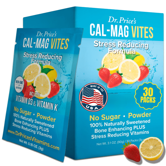 Dr. Prices Cal-Mag Vites  Strawberry Lemon Flavor, 30 Packets | Calcium & Magnesium Powder with Vitamins C, D3 & K | Sugar-Free Calming Drink Mix