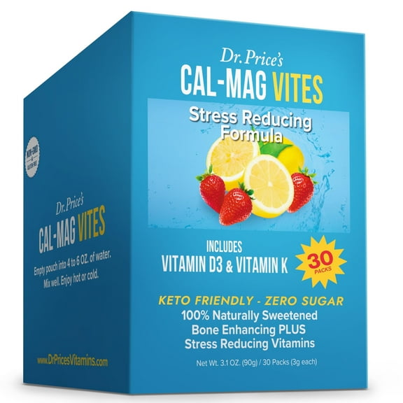 Dr. Prices Cal-Mag Vites  Strawberry Lemon Flavor, 30 Packets | Calcium & Magnesium Powder with Vitamins C, D3 & K | Sugar-Free Calming Drink Mix