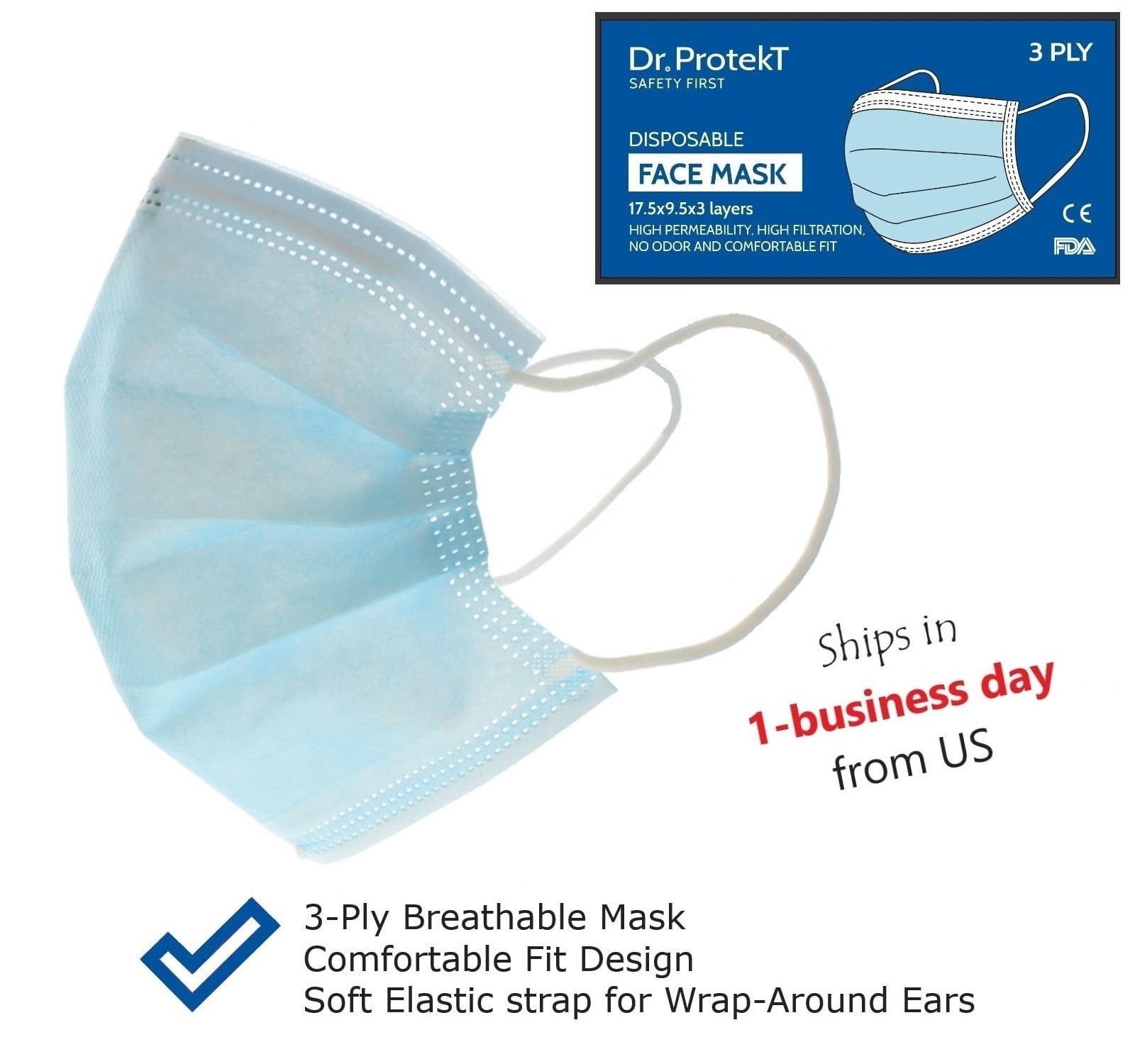 Dr ProtekT 3-Ply Disposable Face Masks (Pack of 100)