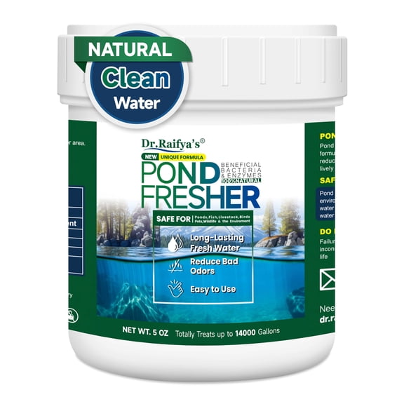 Dr.Raifya's Pond Fresher-Water Clear & Odor Control for Pond & Fountain-5OZ | Natural Enhanced Cleaning Power, Beneficial Bacteria & Enzymes, Improves Water Clarity, Fish, Birds, Pets & Wildlife Safe