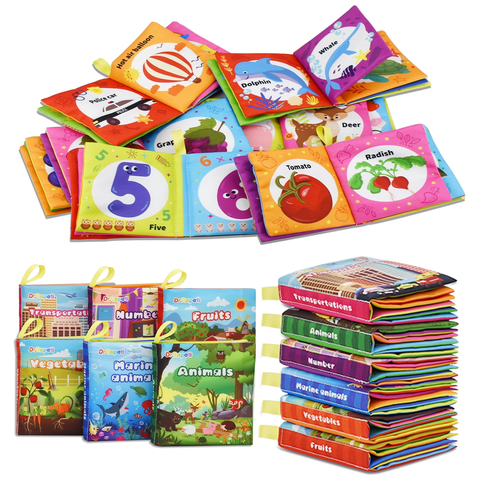 Dr.Rapeti Soft Cloth Books Baby Books Bath Books 6Pack for Baby Infant Toddler Kids Crinkle