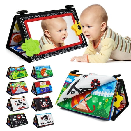 Dr.Rapeti Tummy Time Floor Mirror for Baby Infant Toddler Kids Black and White High Contrast baby toy with Crinkle Cloth Book Teethers Floor Activity Toy Washable