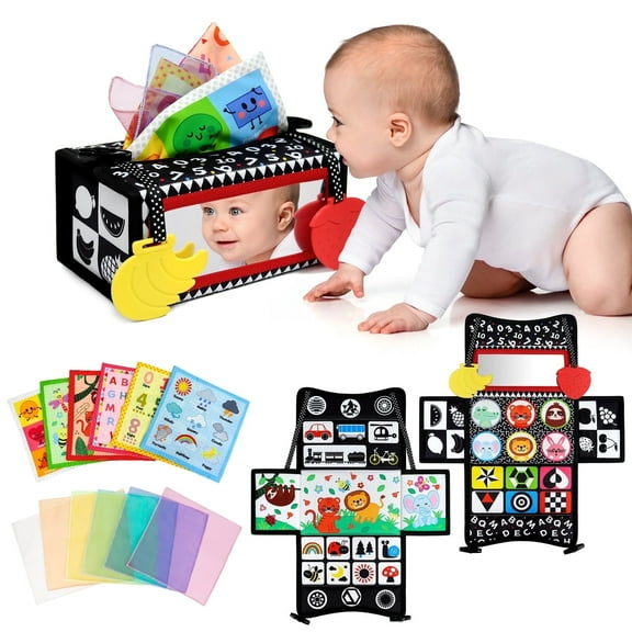 Dr.Rapeti Tummy Time Mirror Toy Tissue Box Toy 3in1 Baby Toy Black and White High Contrast Double-Sided Foldable Sensory Montessori Toy Crinkle Silk Scarves Teethers 0-6 6-12 Month Newborn Infant Bab
