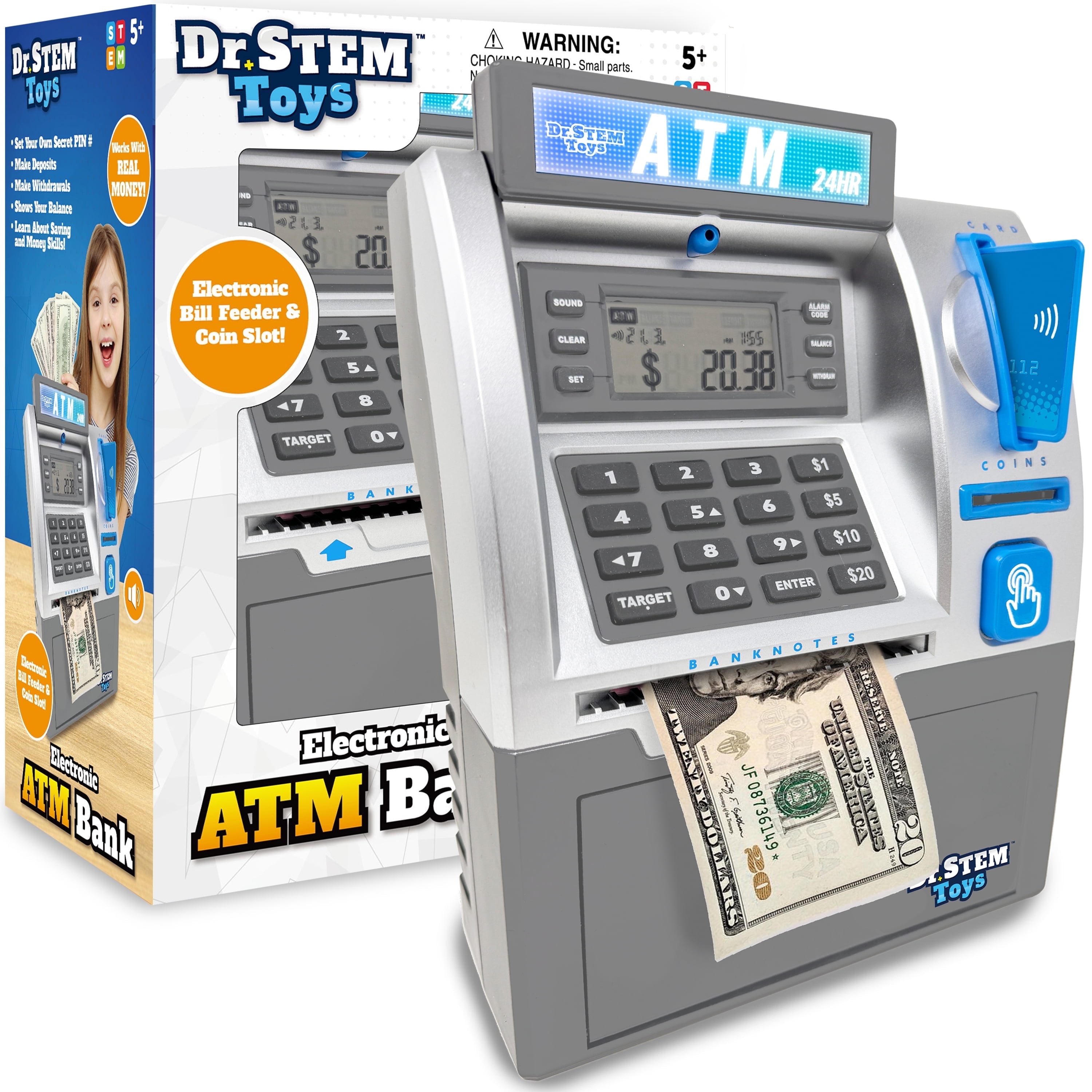 Gray Electronic ATM Piggy Bank with Bill Feeder and Coin Counter