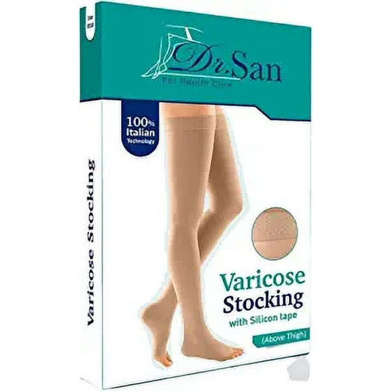 Dr. San Thigh High Compression Stockings, Open Toe, Pair, Firm Support  20-30mmHg Gradient Compression Socks with Silicone Band, Unisex, Opaque,  Spider