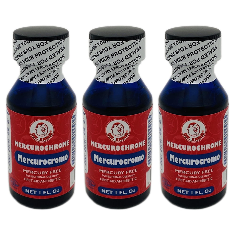 Dr Sana Mercurochrome. Mercury Free First Aid Antiseptic. For Cuts, Scrapes  and Burns. For External Use. 1 fl.oz. Pack of 3