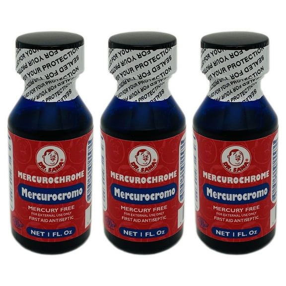 Dr Sana Mercurochrome. Mercury Free First Aid Antiseptic. For Cuts, Scrapes and Burns. For External Use. 1 fl.oz. Pack of 3