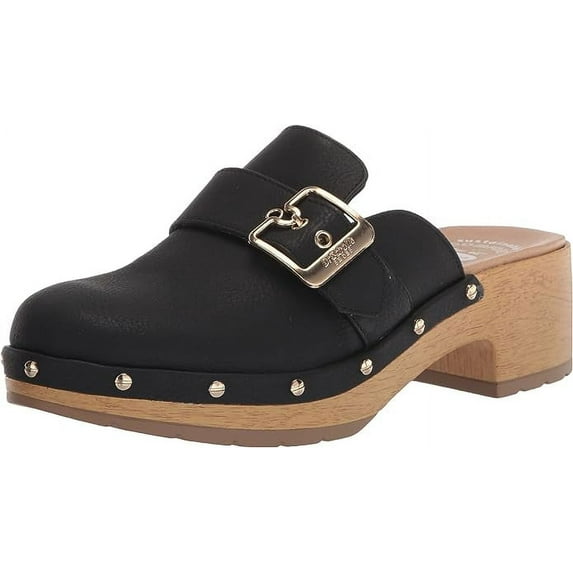 Dr. Scholl's Classic Clog Black Block Heel Slip On Buckle Detailed Fashion Clogs (Black, 6.5)