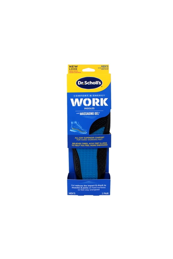 Comfort and Energy Work Massaging Gel Insoles, Men Sizes 8 to 14, Black/Blue, Pair