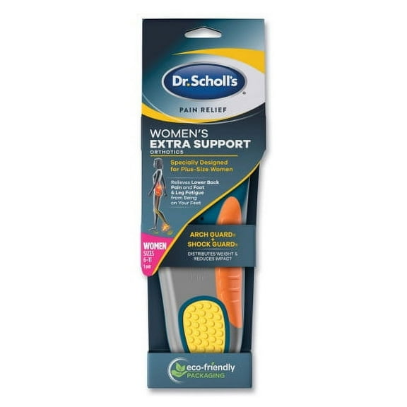 Dr. Scholl's Pain Relief Extra Support Orthotic Insoles, Women Sizes 6 to 11, Gray/Blue/Orange/Yellow, Pair