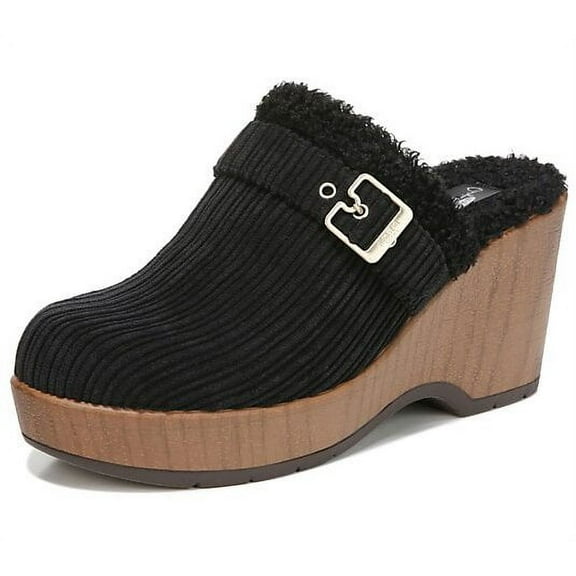 Dr. Scholl's Pixie Black Velvet Buckle Accent Round Toe Wooden Wedge Heel Clogs (Black Velvet, 11)