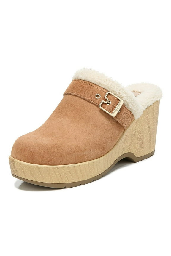 Dr. Scholl's Pixie Honey Velvet Buckle Accent Round Toe Wooden Wedge Heel Clogs (Honey Velvet, 11)