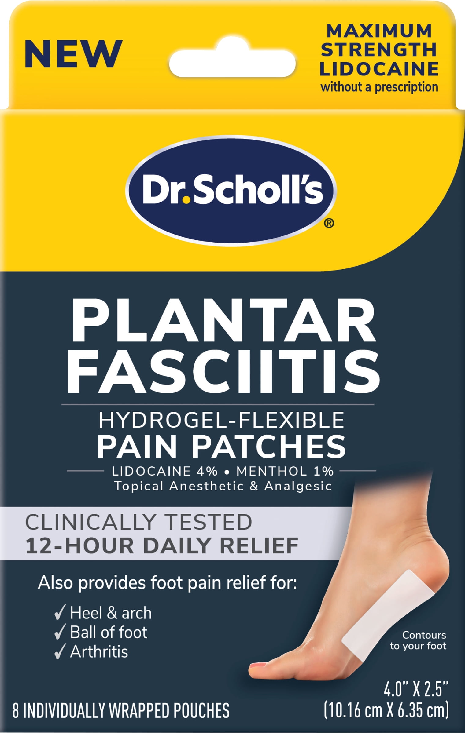 Dr. Scholl's Plantar Fasciitis Hydrogel-Flexible Pain Patches with Lidocaine & Menthol, 8 Count