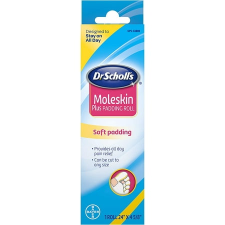Dr. Scholl's Moleskin Padding ROLL, 1 roll // Thin, Flexible Cushioning & Pain Relief - Cut to Any Size - 24 Inches X 4 5/8 Inches, 3 Pack