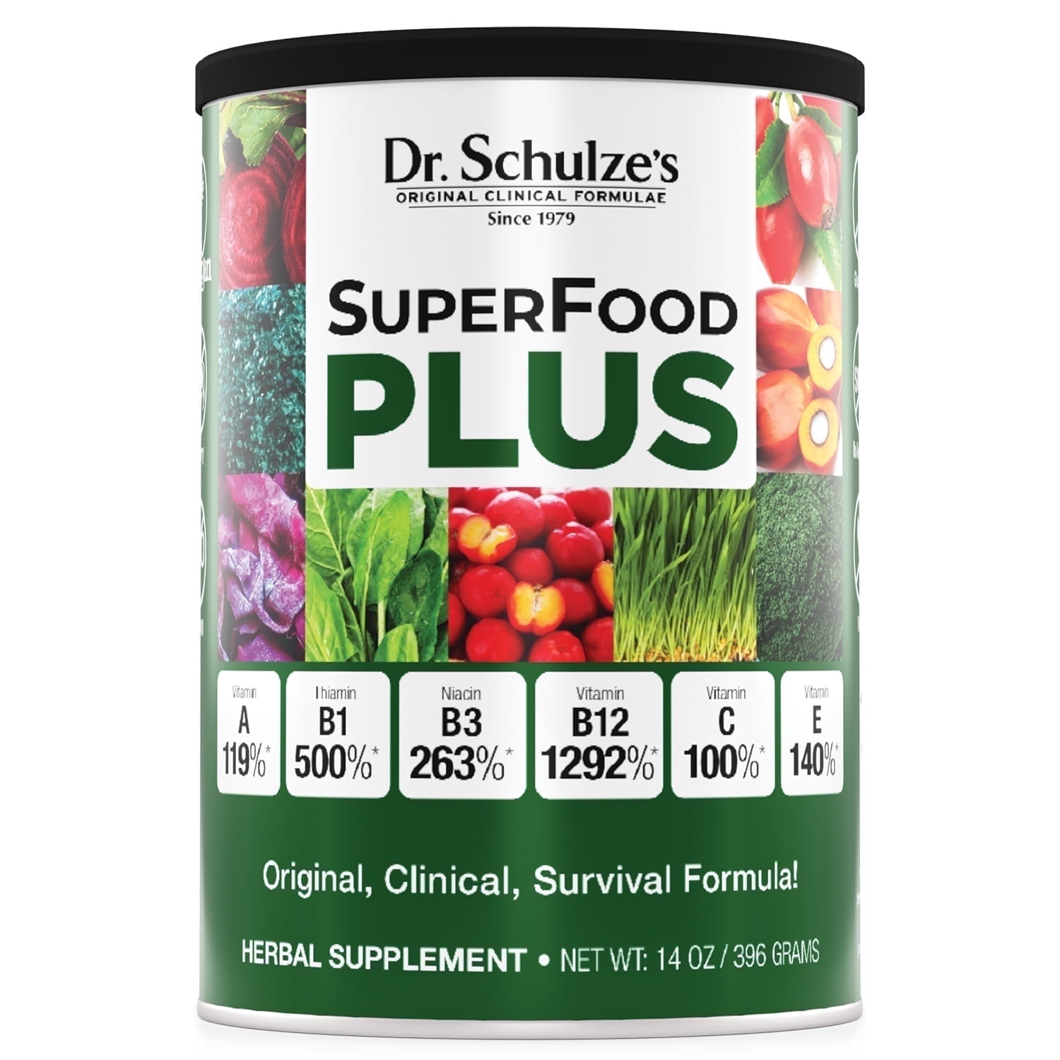 Dr. Schulzes SuperFood Plus Powder Herbal Nutritional Supplement, Vegan Daily Blend with Vitamins & Minerals, 14 oz
