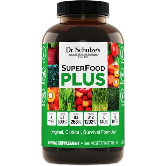 Dr. Schulze's SuperFood Plus | Vitamin & Mineral Herbal Organic Concentrate | Daily Nutrition & Increased Energy | Gluten-Free & Non-GMO | Vegan | 390 Tabs