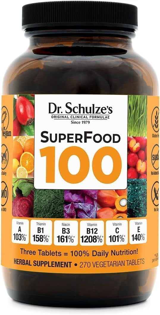 Dr. Schulze's Superfood 100 | Vitamin & Mineral Herbal Concentrate | Dietary Supplement | Daily Nutrition & Increased Energy | Gluten-Free & Non-GMO | Vegan & Organic | 270 Tabs