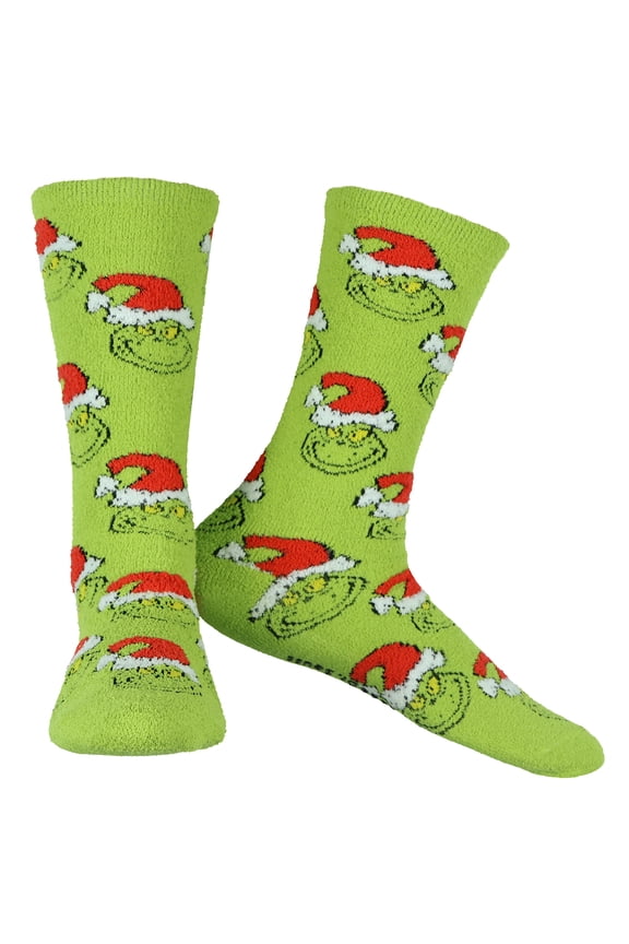 Dr. Seuss Adult The Grinch Santa Hat Fuzzy Cozy Anti-Slip Crew Socks 1 Pair (OSFM)