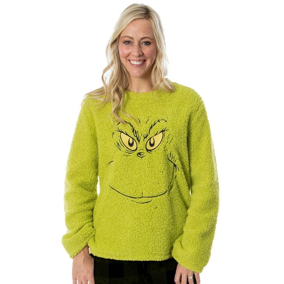Dr. Seuss Adult Unisex The Grinch Who Stole Christmas Sherpa Pullover Long Sleeve Top For Women or Men