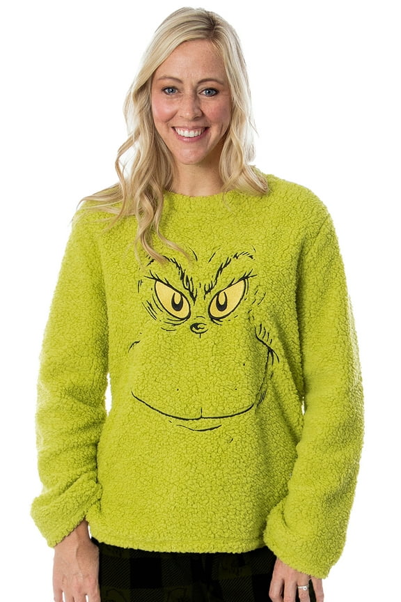 Dr. Seuss Adult Unisex The Grinch Who Stole Christmas Sherpa Pullover Long Sleeve Top For Women or Men
