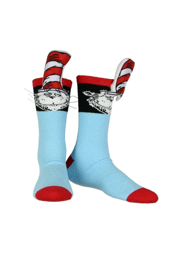Dr. Seuss Cat in The Hat 3D Striped Hat Design Chenille Soft And Fluffy Men's Crew Socks