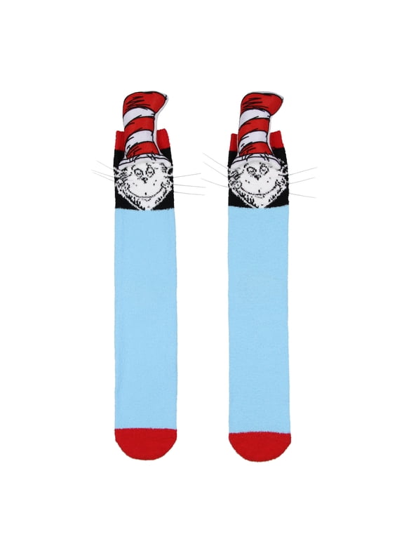 Dr. Seuss Cat in The Hat 3D Striped Hat Design Chenille Soft And Fluffy Men's Crew Socks