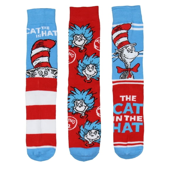 Dr. Seuss Cat in The Hat Thing 1 Thing 2 Adult Mid Calf Crew Socks 3 Pairs