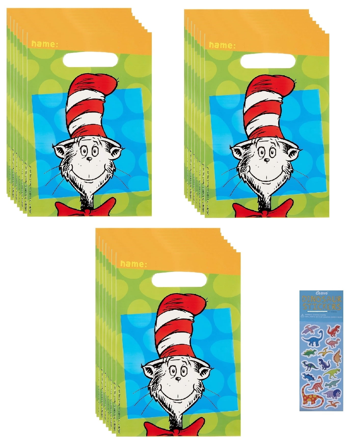 Dr Seuss Cat in the Hat Birthday Party Supplies Bundle includes 24 Plastic Loot Bags and 1 Dinosaur Sticker Sheet