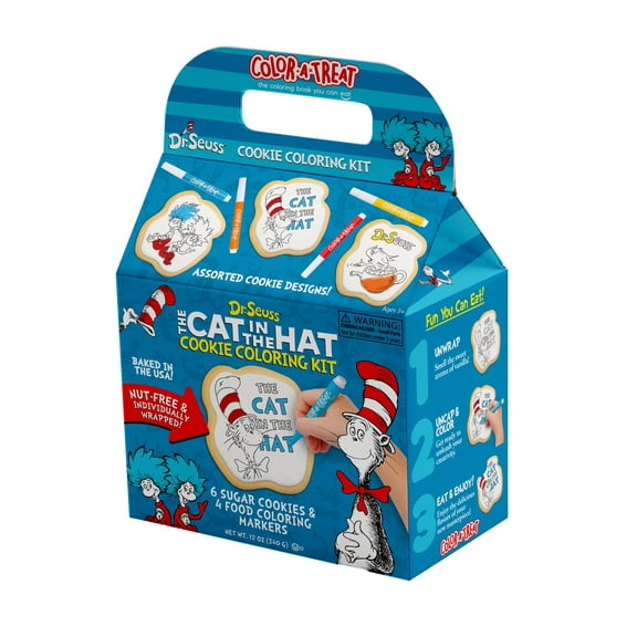 Dr. Seuss Cat in the Hat Cookie Coloring Kit by Color-a-Treat, 12 oz, Includes 6 Sugar Cookies and 4 Food Coloring Markers