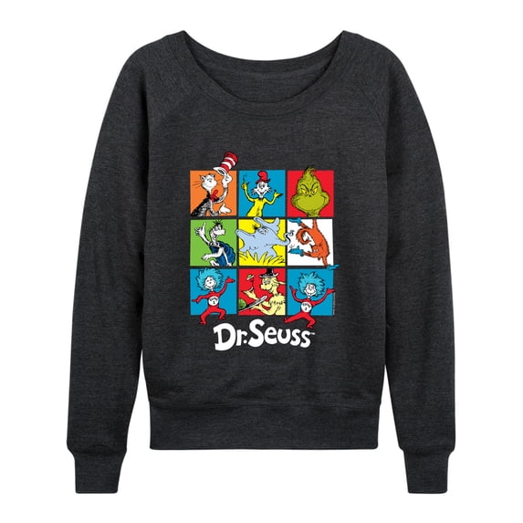 Dr. Seuss - Character Grid Lightweight French Terry Wide Neck Long Sleeve Graphic Shirt