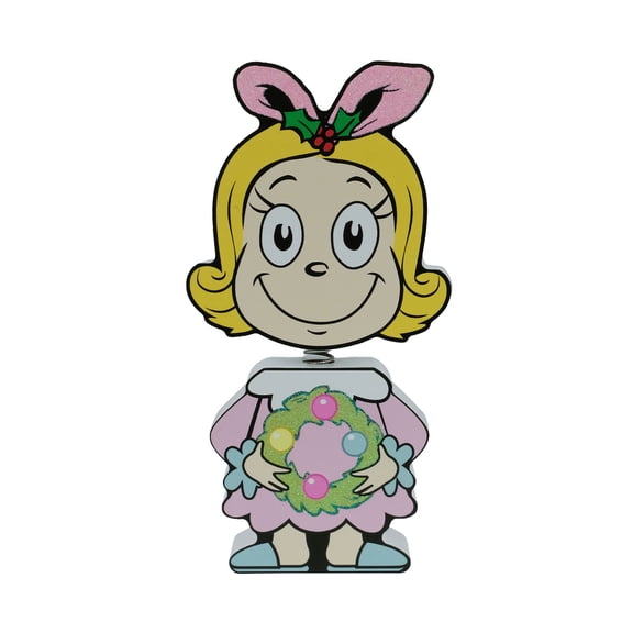 Dr. Seuss CindyLou Who Wooden Bobble Head Pink Christmas Figurine with Wreath