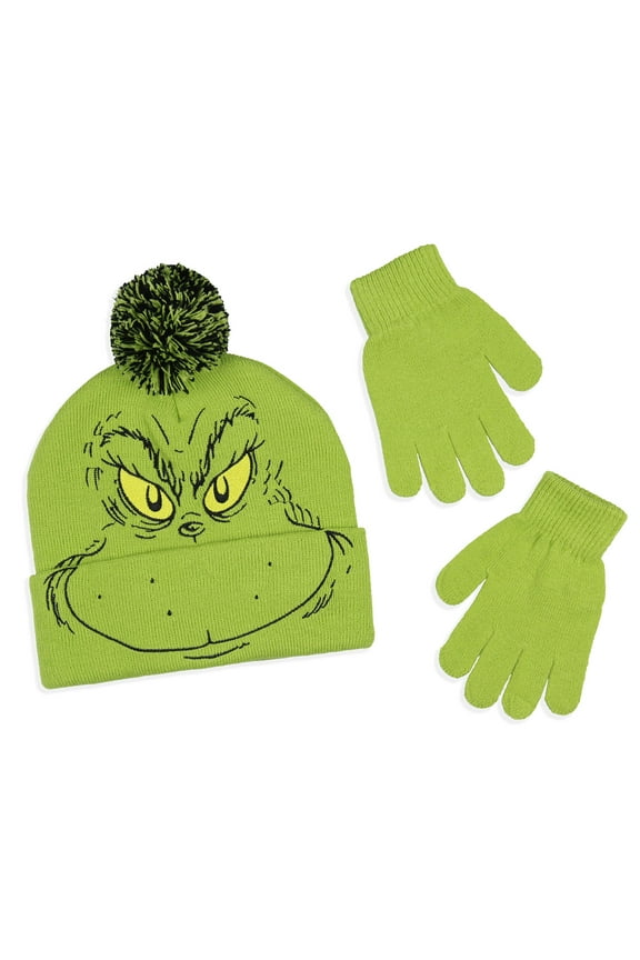 Dr. Seuss Embroidered Grinch Face Hat, Scarf & Glove Set, Green, 2-Piece