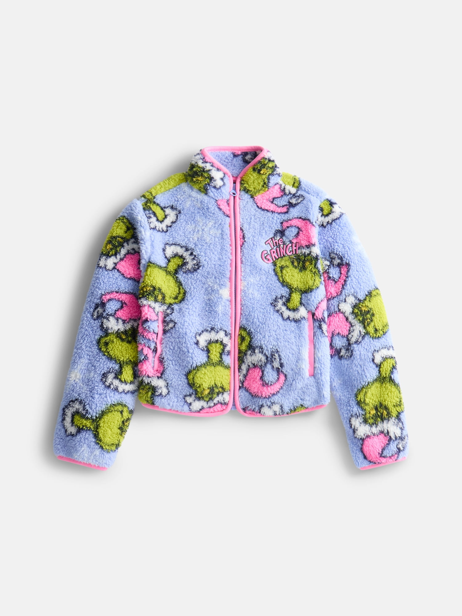 Dr. Seuss Girls Grinch Allover Print Woobie Fleece Zip Up Jacket, Size 4-16