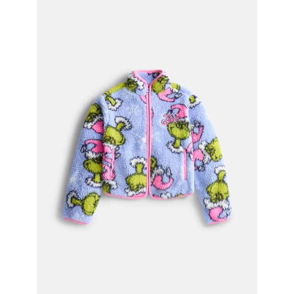 Dr. Seuss Girls Grinch Allover Print Fleece Zip Up Jacket, Size 4-16