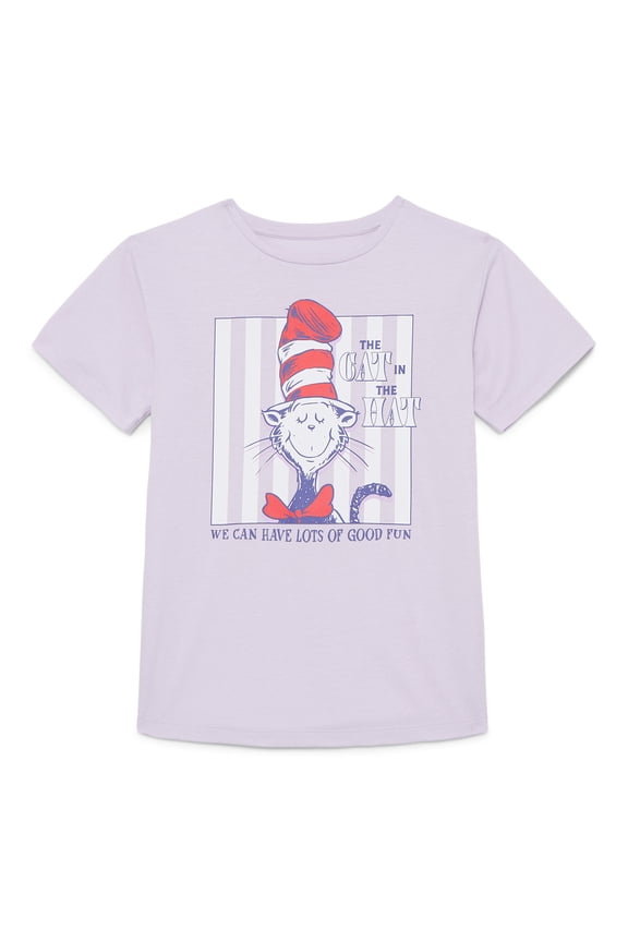 Dr Seuss Cat in The Hat Girls Graphic Tee with Short Sleeves, Sizes 4-16