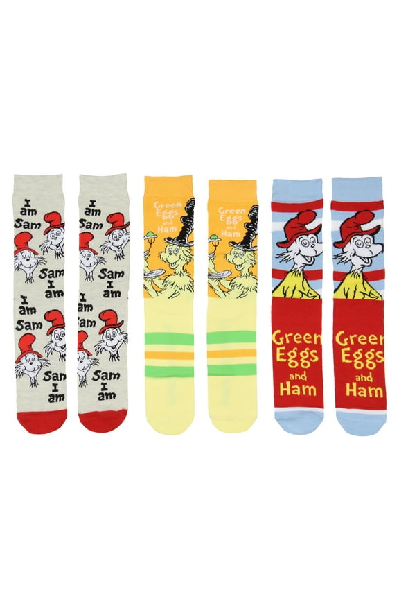 Dr. Seuss Green Eggs And Ham Socks In A Box Adult Mid Calf Crew Socks For Women and Men 3 Pairs Gift Box