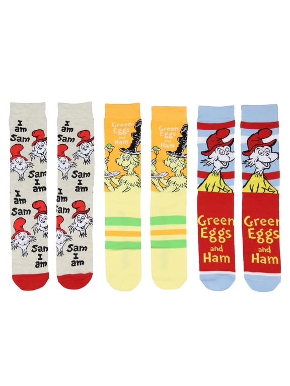 Dr. Seuss Green Eggs And Ham Socks In A Box Adult Mid Calf Crew Socks For Women and Men 3 Pairs Gift Box