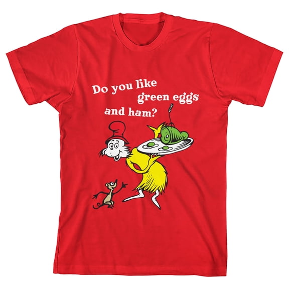 Dr. Seuss Green Eggs and Ham Boys Graphic Tee Sam-I-Am Screen Print 100% Cotton Crew Neck Officially Licensed Youth T-Shirt-Small